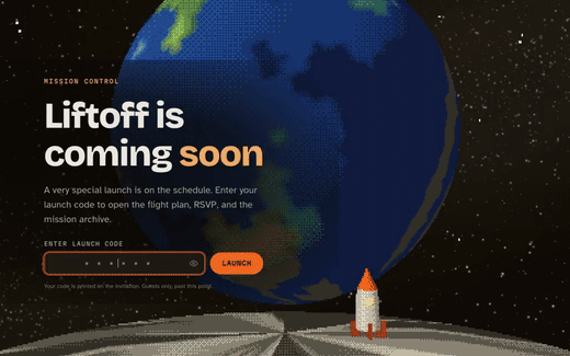 Entering the launch code, the rocket lifting off, and the RSVP dashboard waiting behind the gate