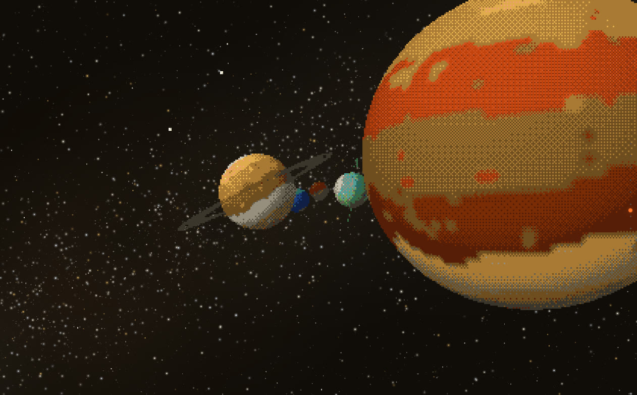 A dithered pixel art gas giant filling the right of the frame, with a ringed planet and an ice world drifting past it.