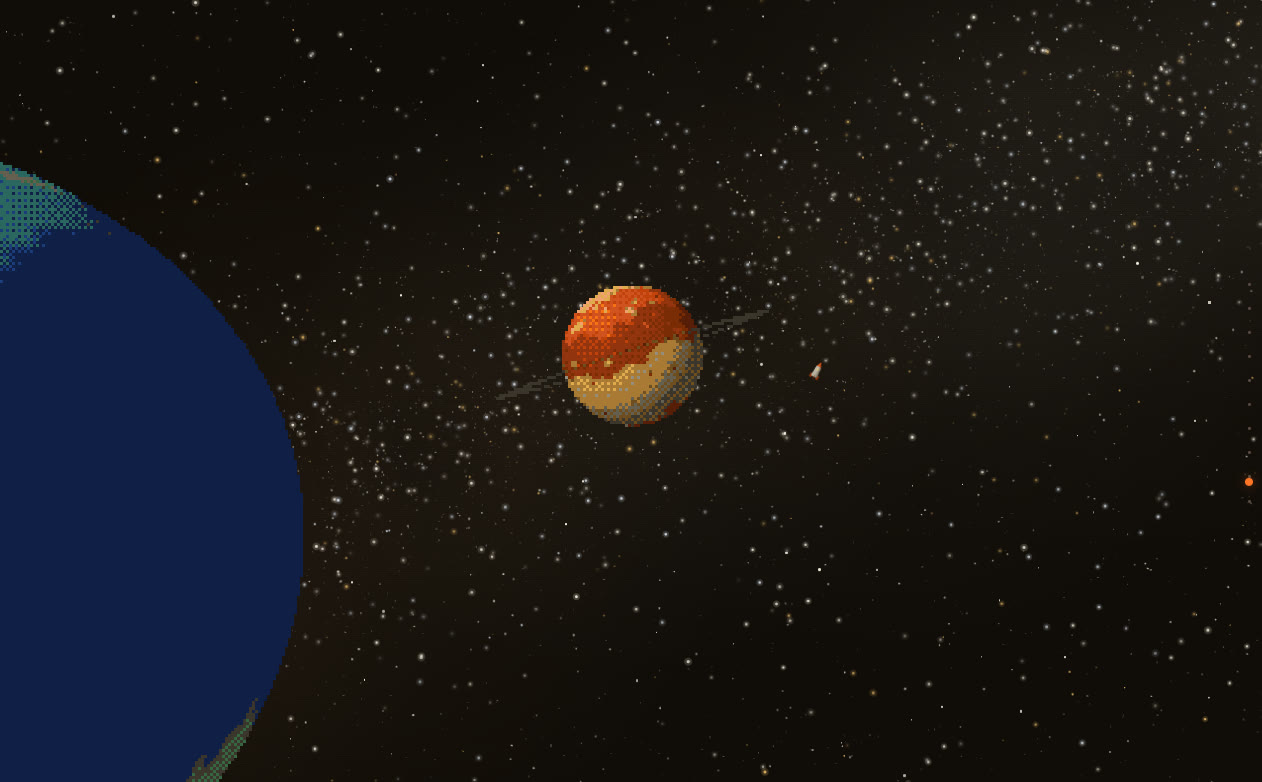 A blue and green home world at the edge of frame, a ringed planet at center, and a tiny rocket crossing between them.