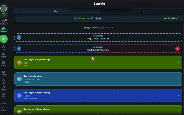 Logging an activity in Storkie, with the day's timeline behind it